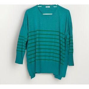 Mersea Heart Elbow Patch Sweater Teal Striped OS Oversized Anthro Style Coastal